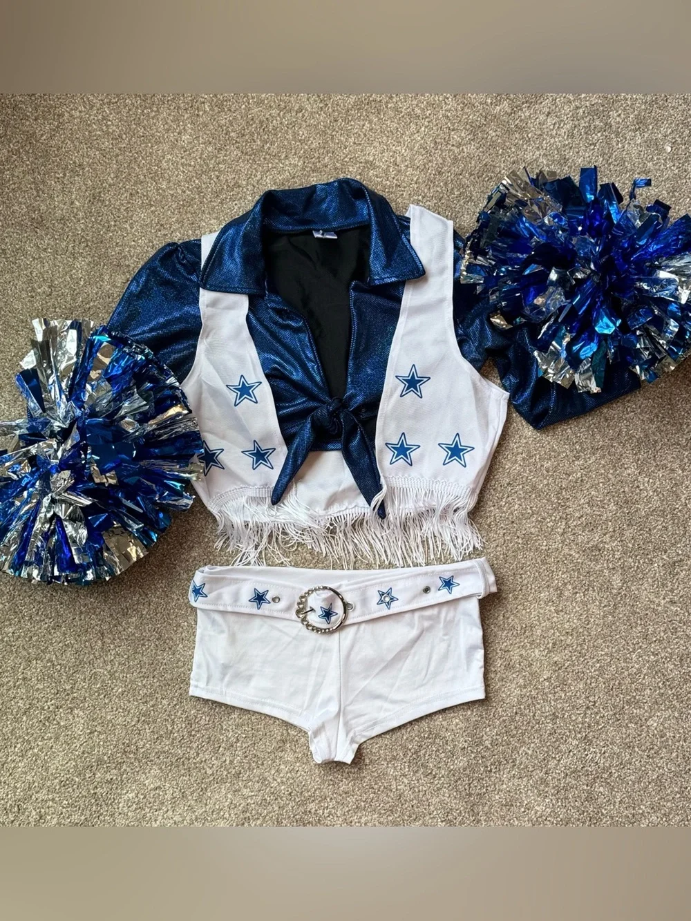 Cowboys Inspired Cheerleader Costume Adult S/M 4 Pc. Pom Poms Halloween Cosplay